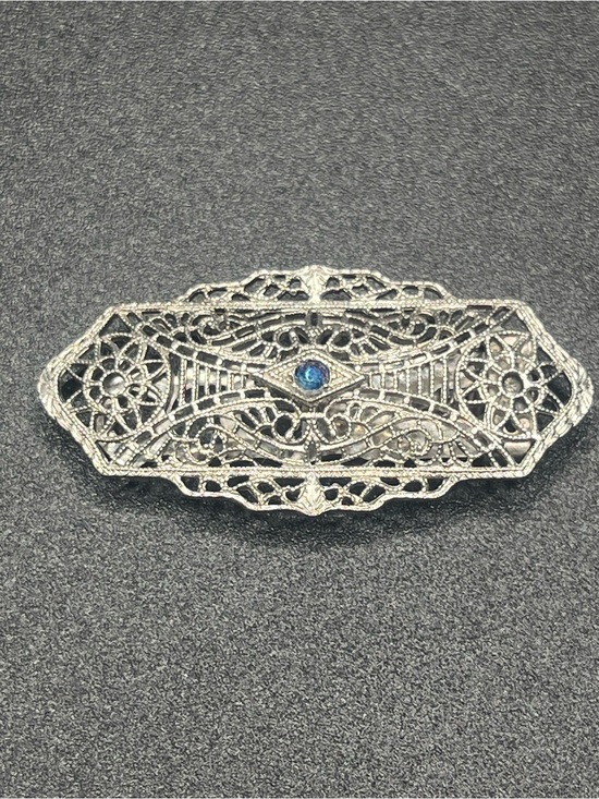 Jewelry - Vintage 1930s Art Deco Nickel Silver Filigree Dress Clip with blue rhinestone